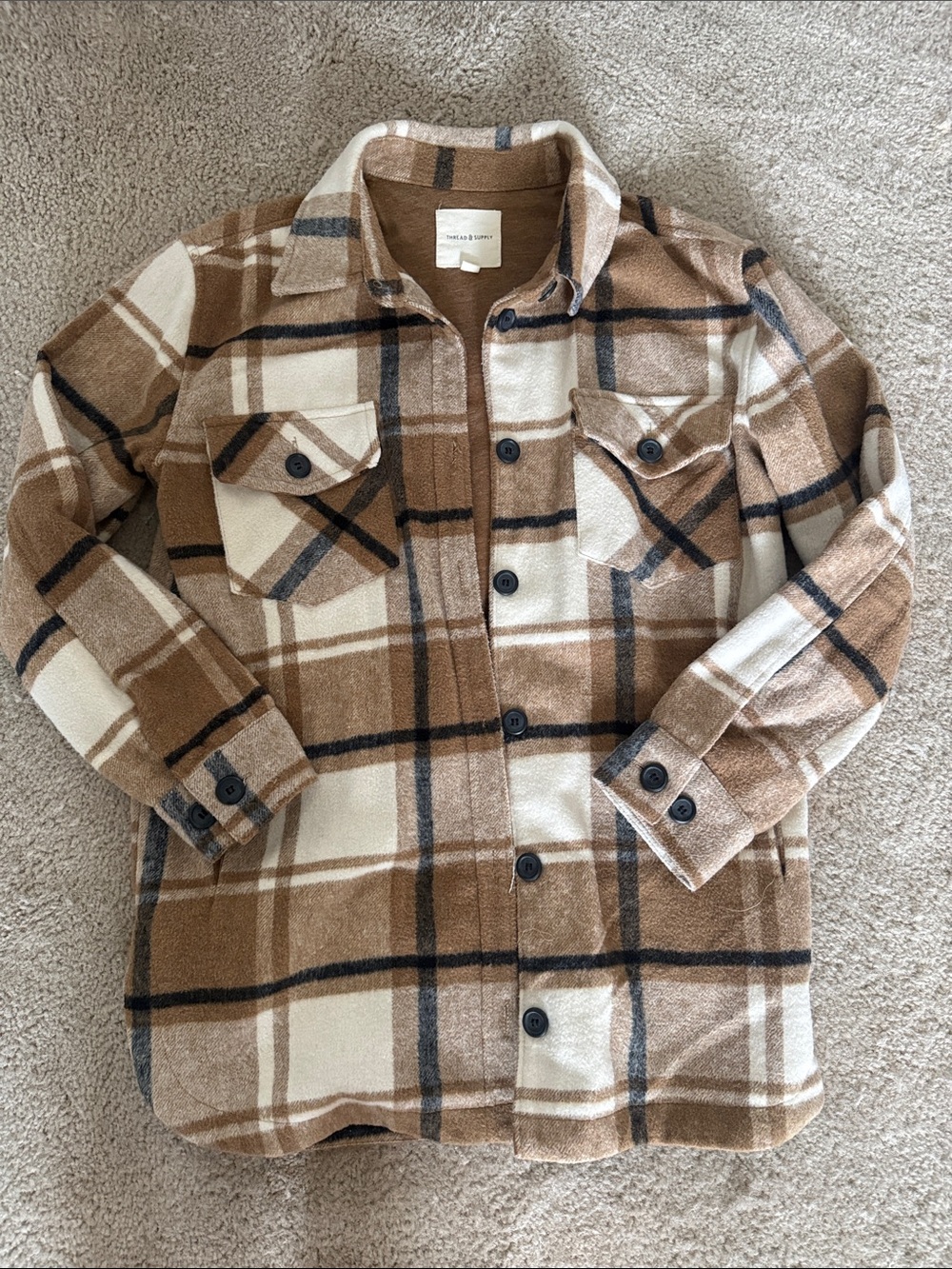 Thread and Supply Plaid Shirt Jacket in Brown and Cream